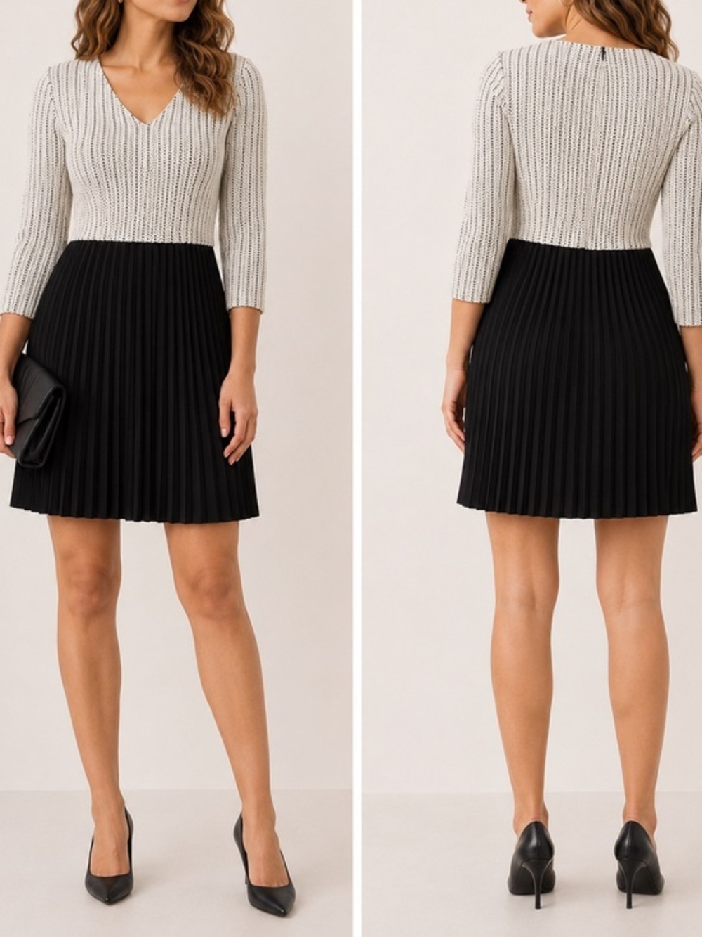 Ganni Jacquard Black Knit V-Neck Pleated Mini Dress